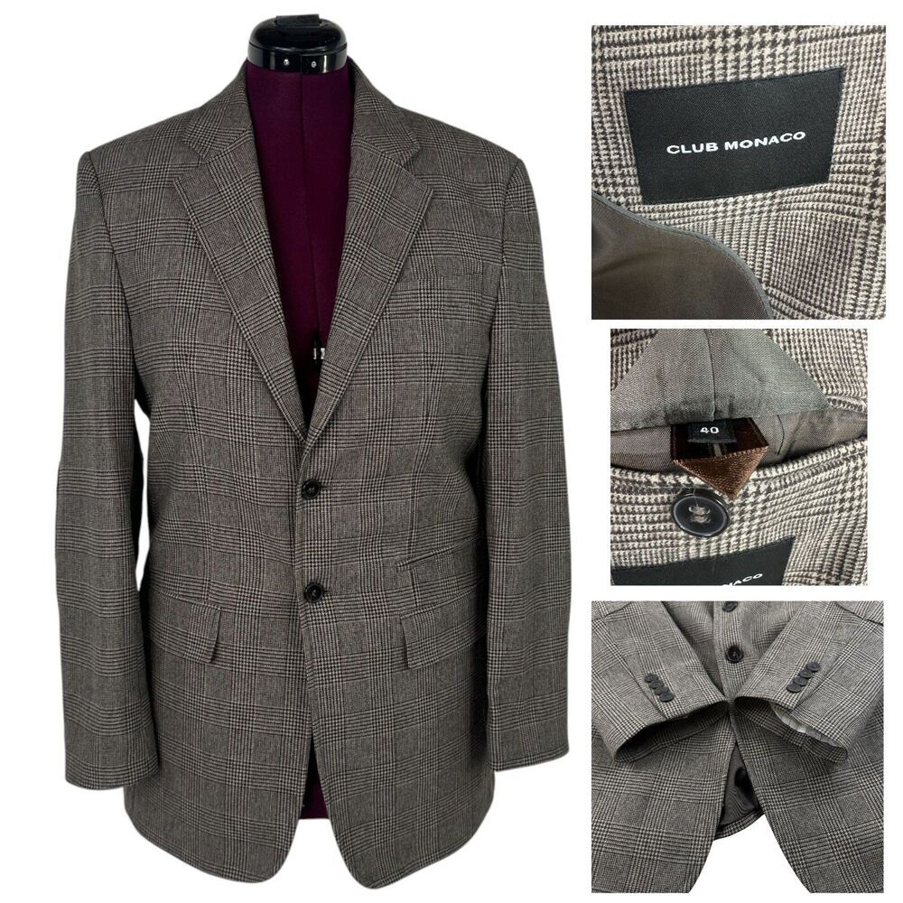 Club Monaco Elbow Patch Equestrian Wool Blazer 40R Brown Plaid Sport coat Jacket